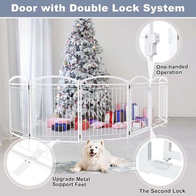 Full Metal Free Standing Dog Gate with Door for Indoor Outdoor, 144'' Extra Wide 32'' Tall Dog Gate for Doorways,Large Openings,Decks,Freestanding Portable Pet Fence(6 Panels,White)