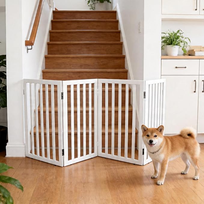 Dog Gate Indoor, Freestanding Dog Fence for The House, Doorways, Hallways,or Stairs,Pet Gate Foldable Wooden,Expandable 32" Height 4 Panels,White