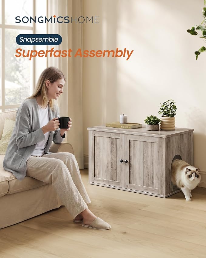 SONGMICS HOME Litter Box Enclosure, Snapsemble Superfast Assembly, Cat Litter Box Furniture, Push-to-Open Doors, Indoor Cat House, Greige UPCL233LK02S