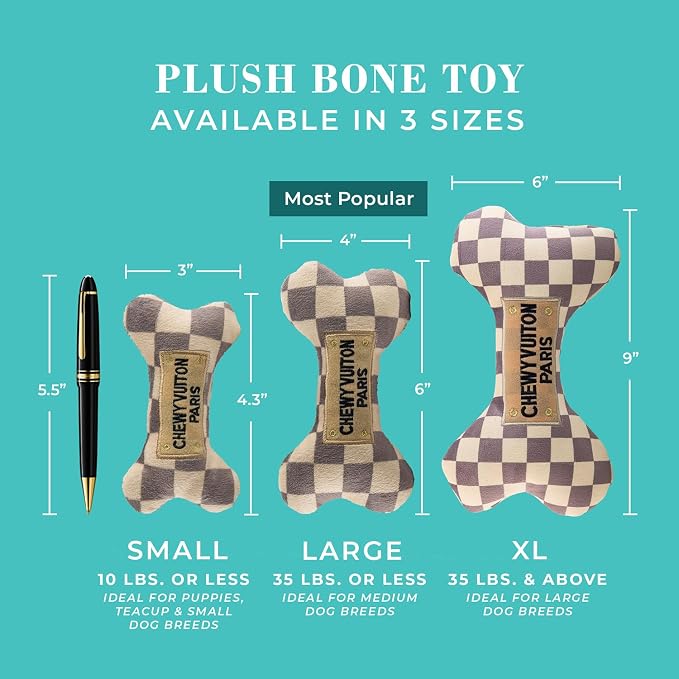 Haute Diggity Dog Chewy Vuiton Bone Plush Squeaky Dog Toy, Soft Durable Designer-Inspired Stuffed Puppy Chew Toys for Small & Medium Dogs, Machine-Washable (Tan Checker) Small