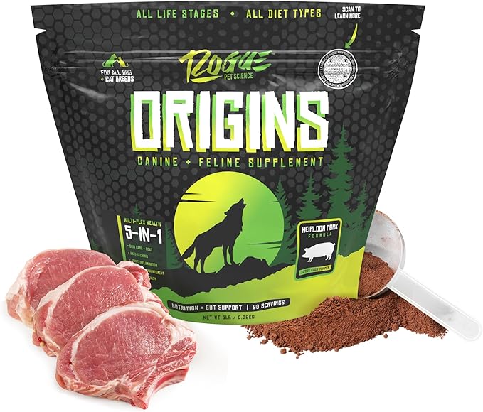 Rogue Pet Science Origins 5-in-1 Dog Supplement - Powdered Food Topper w/Natural Heirloom Pork Protein- Supports Healthy Digestion, Skin, and Coat - Helps Reduce Itching & Joint Inflammation (5 lbs)