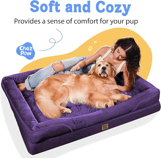 Chez Paw Large Orthopedic Dog Bed for Extra Large Dogs, Waterproof XL Egg-Crate Foam Dog Bed with Removable Washable Cover & Non-Slip Bottom, 4-Sided Bolster Support, Purple 42"x30"x7.5"