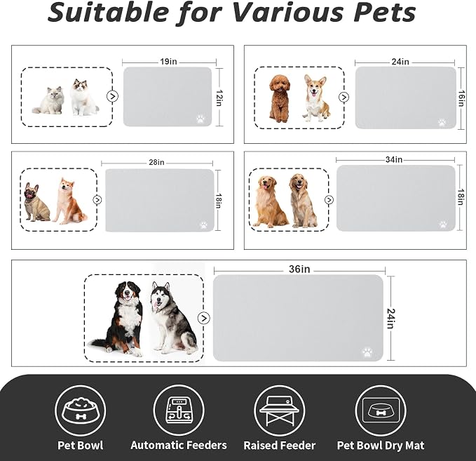 HotLive Dog Food Mat - Absorbent Cat Mat for Food and Water, No Stains Pet Feeding Bowl Mat, Easy to Clean Pet Placemats, Quick Dry Dog Water Dispenser Mat for Messy Drinkers | Paw Light Grey 12"x 19"