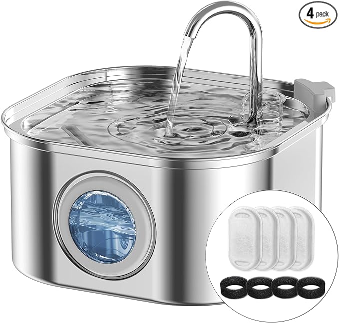 Cat Water Fountain Stainless Steel,108oz/3.2L Automatic Pet Water Fountain,Cat Fountain with Water Level Window,Water Fountains for Cats Indoor with 4 Replacement Filters and 4 Sponges
