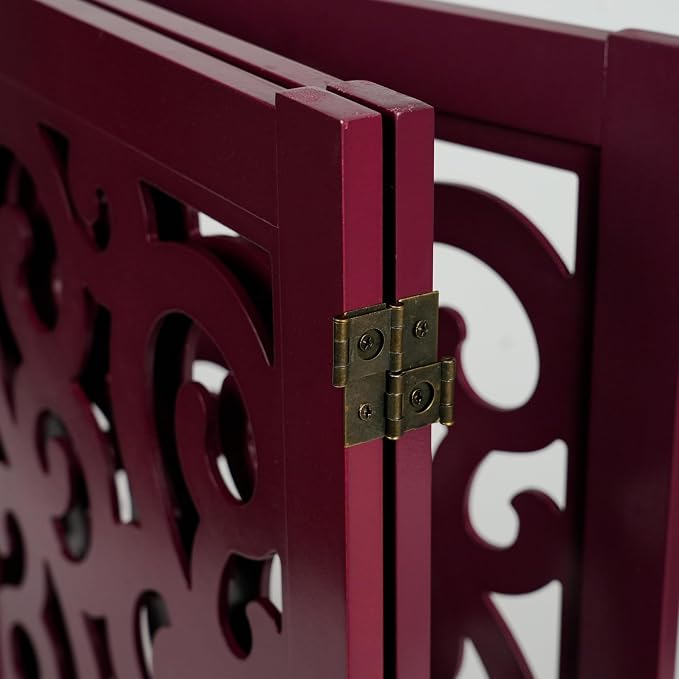 Ashfield & Harkness: 3-Panel Pet Gate - Scroll Mahogany - Wooden Foldable Freestanding Fence, Small Dogs & Puppy, 48 x 19.3, Doorway-Halls-Stairs