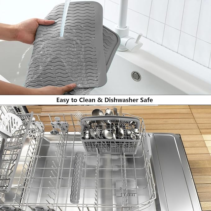 ZLR 2 Pcs Silicone Dish Drying Mat for Kitchen Counter (12" x 16" / 307 x 405mm) - Large Fast-Dry Drainer Mat with Raised Wavy Ridges & 5mm Lip - Non-Slip, Heat Resistant 450°F, BPA-Free (Dark Gray)