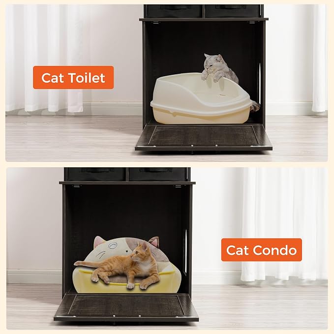 Dwanton Litter Box Enclosure with 2 Storage Shelves and 2 Drawers, 2-in-1 Hidden Cat Litter Box Enclosure Furniture with Shelf, Reversible Entrance, Washable Drawers, 50-Inch, Dark Grey