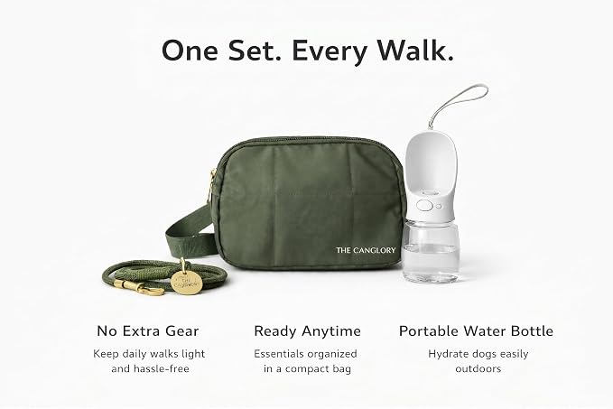Premium Hands-Free Dog Walking Kit 4-in-1 Crossbody Fanny Pack, 78inc HeavyDuty Rope Leash,12oz Water Bottle & Poop Bag Dispenser, Hands-Free Kit for Running, Hiking&Training(Olive Green)