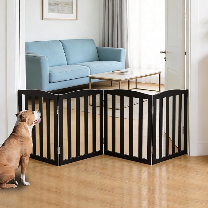Freestanding Dog Gate Indoor,Doggie Gate Foldable Pet Gates for Doorways,Stairs or Hallways, Wooden Black Pet Gate for the House, Pet Fence,24 "Height-4 Panels