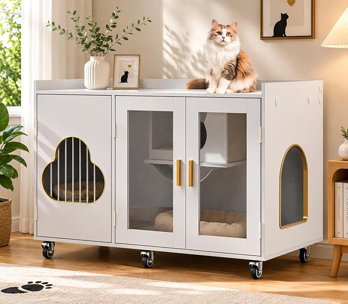 Cat Litter Box Enclosure, Large Cat Litter Box Furniture Transparent Glass Door, Fit Most of Litter Box, Modern Indoor Partitioned Cat House, End Table, 39.4 X 21.7 X 24.8 Inches, White