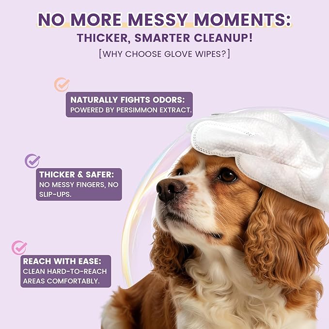 IMMHABI 100 Count Cleaning Deodorizing Pet Glove Wipes for Dogs & Cats, Hypoallergenic Dog Bath Wipes with Natural Deodorizer Persimmon Tannin, Pet Bathing Wipes for Horse Coat Care Lavender Scent