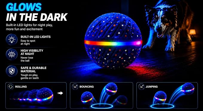 Smart Interactive Dog Ball Toy for Small Medium Large Dogs – Automatic Rolling & Bouncing Ball with RGB Lights, E-TPU Chew Resistant Dog Toy for Indoor Play & Boredom Relief