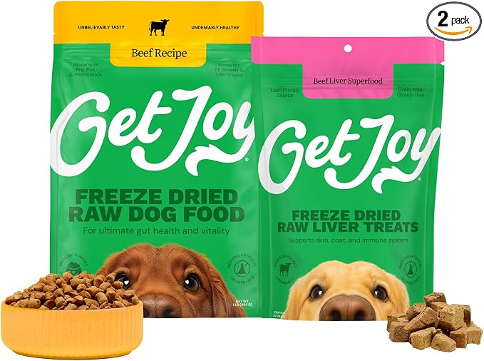 Get Joy Freeze-Dried Meal and Treats Bundle, Strength 100% Beef Liver Dog Treats, 4 Ounce, and Gut Health Fresh Freeze Dried Raw Meal Dog Food, Beef Recipe, 16 Ounce