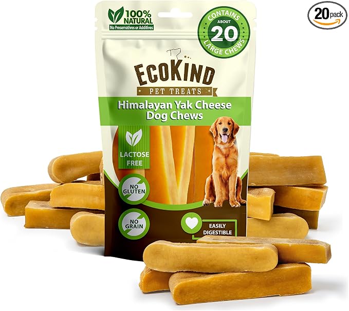 EcoKind Yak Cheese Himalayan Dog Chews, Yak Chews for Large Dogs, Long Lasting Bone for Aggressive Chewers, Only 3 Ingredients, Natural High Protein Dog Treats, No Additives, Lactose Free, Large - 20