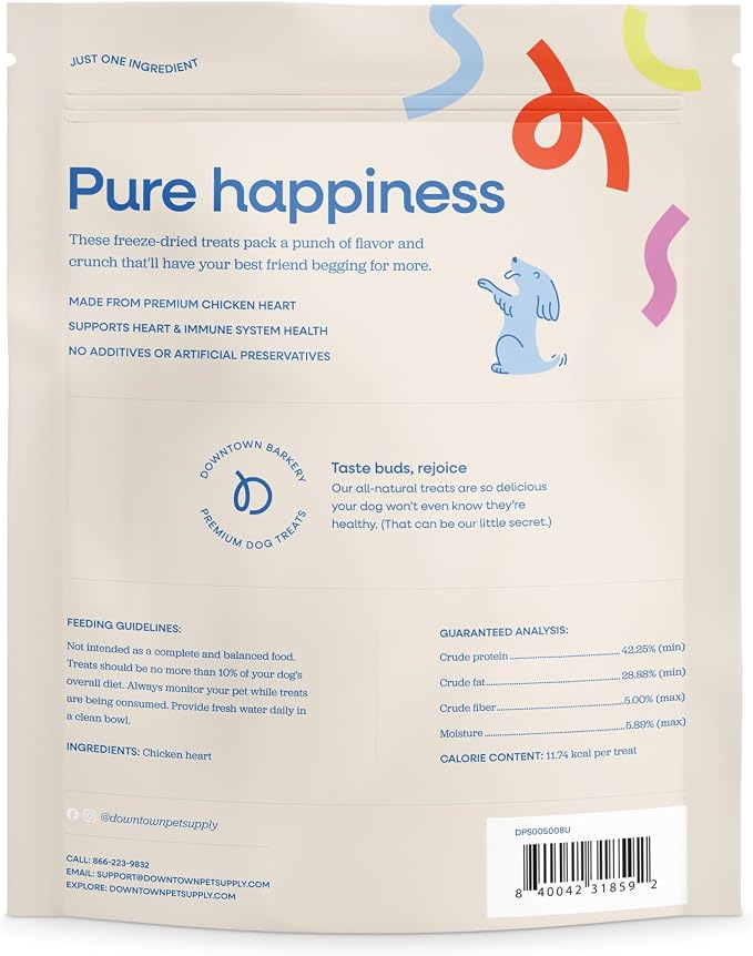 Downtown Barkery Freeze Dried Dog Treats - Single Ingredient, Low Calorie, Rich in Vitamins and Minerals - All Natural - Freeze Dried Chicken Hearts for Dogs, 1 LB