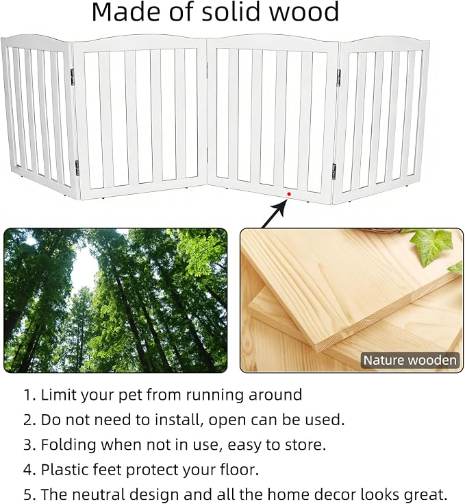 Freestanding Dog Gate Indoor,Doggie Gate Foldable Pet Gates for Doorways,Stairs or Hallways, Wooden White Pet Gate for the House, Pet Fence,24 "Height-4 Panels