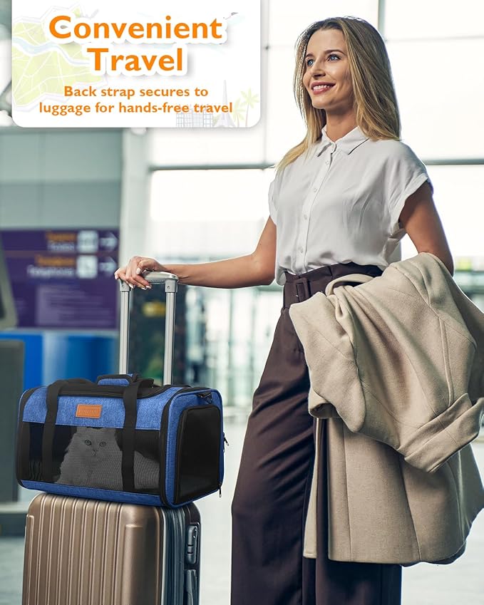 PETUX Airline Approved Pet Carrier for Small Cats up to 12 lb, Blue | 17x11x9.5 in, Underseat, Top & Side Entry, Soft Sided Cat Carrier with Breathable Anti-Scratch Mesh for Travel & Vet