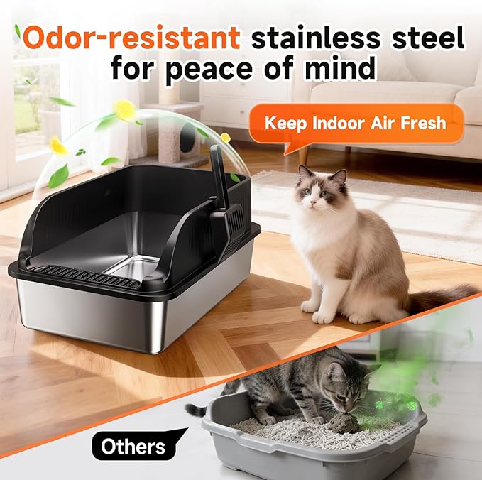Stainless Steel Cat Litter Box with Lid, XL Extra Large High Sided Litter Box for Big Cats, Odor Free Open Top Litter Pan Easy Cleaning Anti-Urine Leakage Non-Stick, Includes Scoop