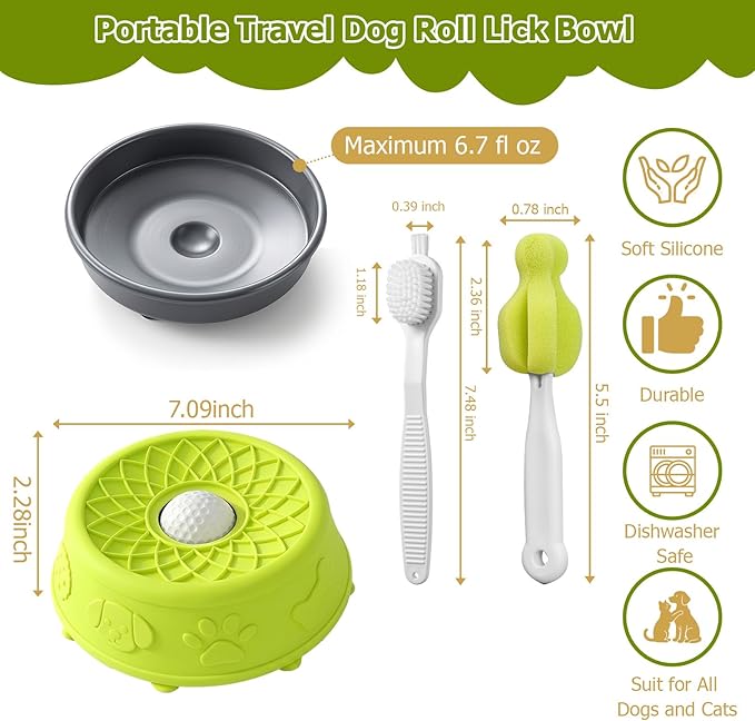 Dog Slow Feeder Lick Bowl with Rolling Ball for Liquid Treats, 2-in-1 Anti-Slip Silicone Dog Licking Bowl for Bone Broth with Suction Cup, Enrichment Lick Sphere Toy for Large Medium Dogs Cats (Green)