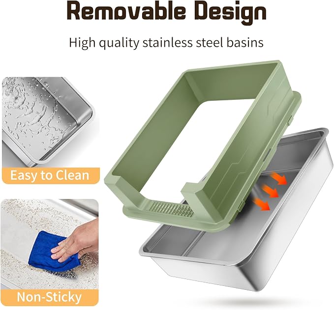 Extra Large Stainless Steel Litter Box, XXXL 27.6" H x 19.7" W x 11.8" H Metal High Sided Cat Litter Box with Scoop, Leak-Proof, Easy Clean for Big Cats/Multiple Cats (Green)
