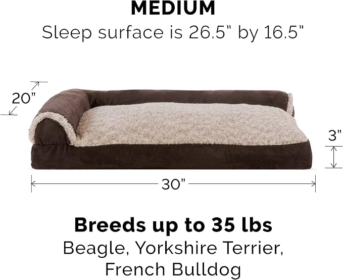 Furhaven Pillow Dog Bed for Medium/Small Dogs w/ Removable Bolsters & Washable Cover - Two-Tone Plush Faux Fur & Suede L Shaped Chaise - Espresso, Medium