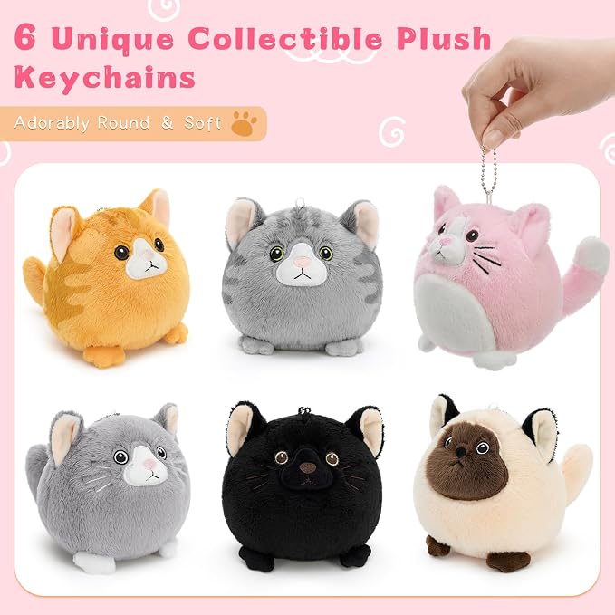 Muiteiur 6Pcs Mini Cat Plush Keychain Set, 3.94 Inch Small Cat Stuffed Animals with Clips, Cute Kitty Backpack Clip Plush Toys, Cat Lover Gifts, Party Favors for Kids Girls/Boys
