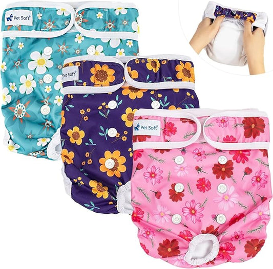 Pet Soft Washable Female Diapers (3 Pack) Female Dog Diapers, Comfort Reusable Doggy Diaper for Girl Dog in Period Heat (Cute Flower, XL)
