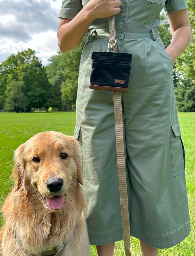 BEAU&FUR Small Large Dog Treat Pouch with Clicker for Training (Black Brown, With Leash)