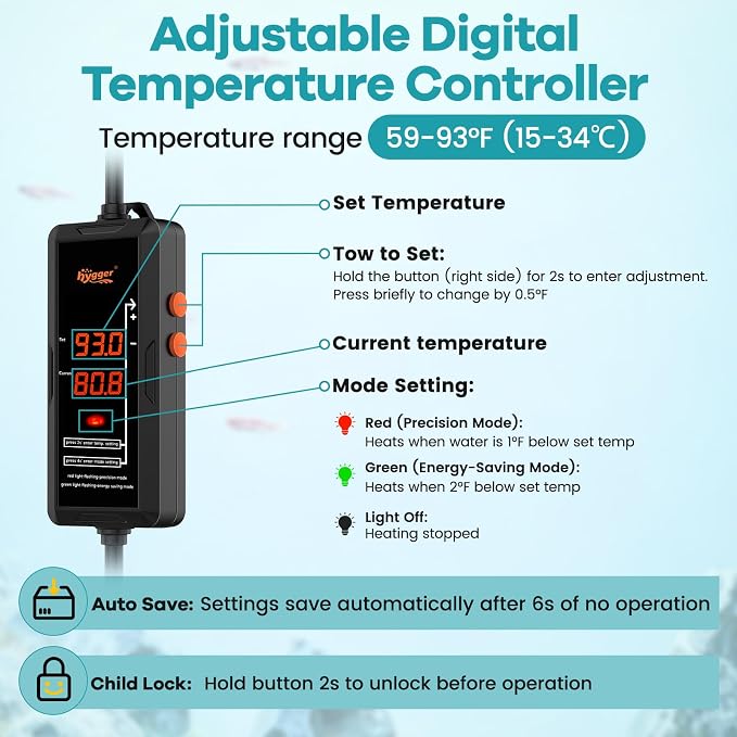 hygger Submersible Aquarium Heater, Adjustable Temperature Fish Tank Heater with Overheat & Dry Run Protection Alarm for Freshwater Saltwater Fish Tanks, 300W for 40-70 Gallon