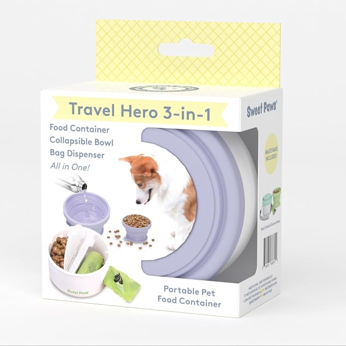 Travel Hero 3-in-1 Portable Pet Food Container for Puppies and Small Breeds, Comes with a Silicone Water Bowl and Poop Bag Dispenser in One, Lavender Cream