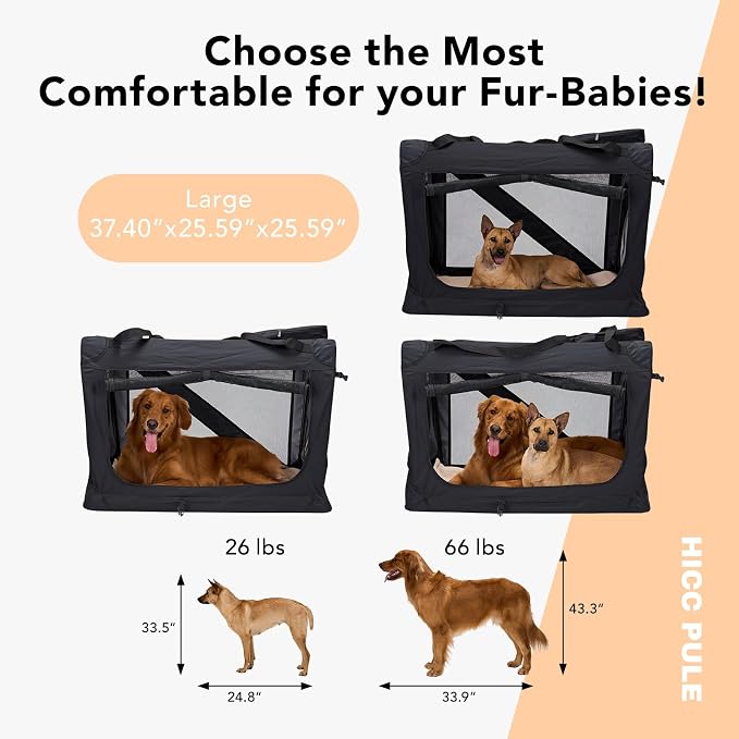 HICC PULE Collapsible Portable Dog Crate, 36 Inch Large Dog Crate Ideal as Travel Dog Crate for Large/Medium Dogs, 3-Door Soft-Sided Pet Kennel for Indoor & Outdoor, Car Trip, Black