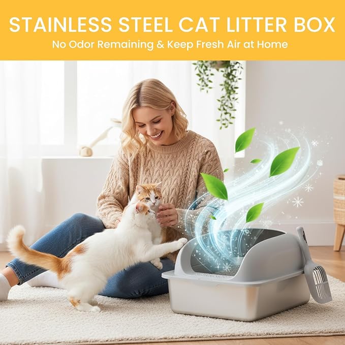 Simple Deluxe XL Stainless Steel Cat Litter Box with Lid, Extra Large Metal Litter Pan for Large Cats with High Sides, Urine-Proof Non-Stick Easy Clean, Light Gray