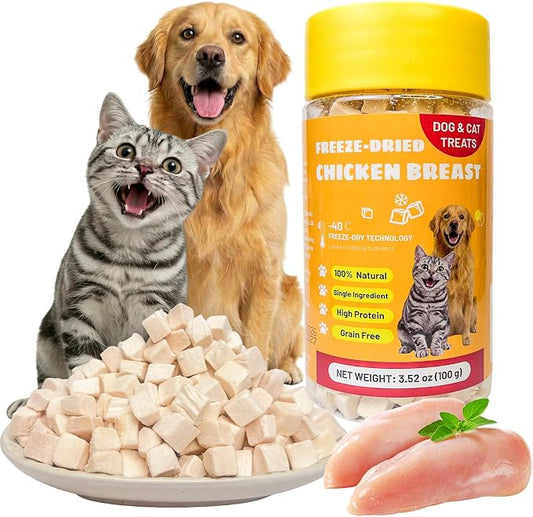 Freeze-Dried Chicken Breast Treats for Dogs & Cats |3.52 oz Premium Single-Ingredient Nutrition, All Natural, High Protein | Ideal Training Treats & Food Topper