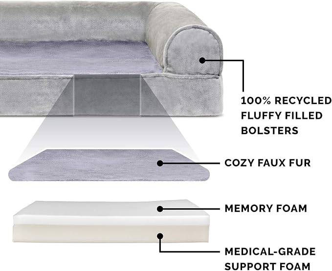 Furhaven Memory Foam Dog Bed for Medium/Small Dogs w/ Removable Bolsters & Washable Cover, For Dogs Up to 35 lbs - Faux Fur & Velvet Sofa - Smoke Gray, Medium
