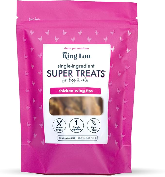King Lou Pets Whole Chicken Wing Tips for Dogs & Cats, USA-Made Dehydrated Chicken Treats, Human-Grade Crunchy Dental Chews for Pet Hip & Joint Health, 30 Count