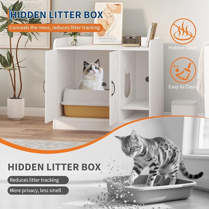 Cat Litter Box Enclosure,Hidden Litter Box Furniture with Divider,Indoor Cat House,Wooden Cat Washroom Storage Cabinet Bench, Side End Table Nightstand, 33.07" L × 23.62" W × 23.92" H,White&Brown