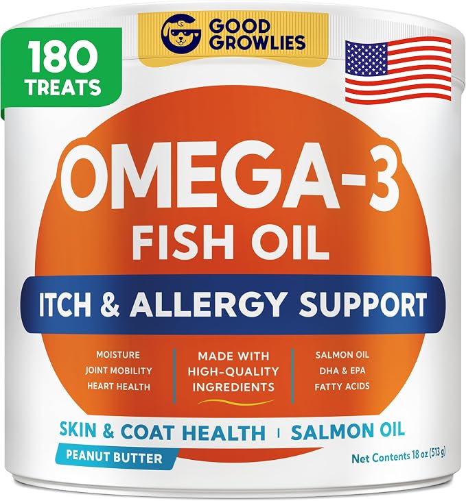 Omega 3 Fish Oil for Dogs (180Ct) - Skin&Coat Chews - Dry & Itchy Skin Relief + Allergy Support - Shiny Coat - EPA&DHA Fatty Acids - Salmon Oil Chews Promotes Heart, Hip & Joint Support