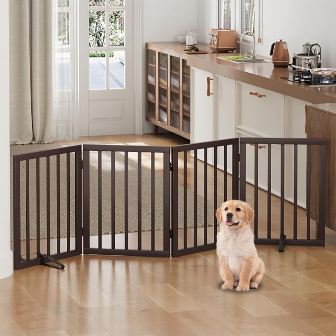 Dog Gates for Doorways, Foldable Dog Gate Indoor, Freestanding Pet Gates for Doorways Bedroom, Puppy Gate with Metal Support Feet, Room Divider 4 Panels (Brown)
