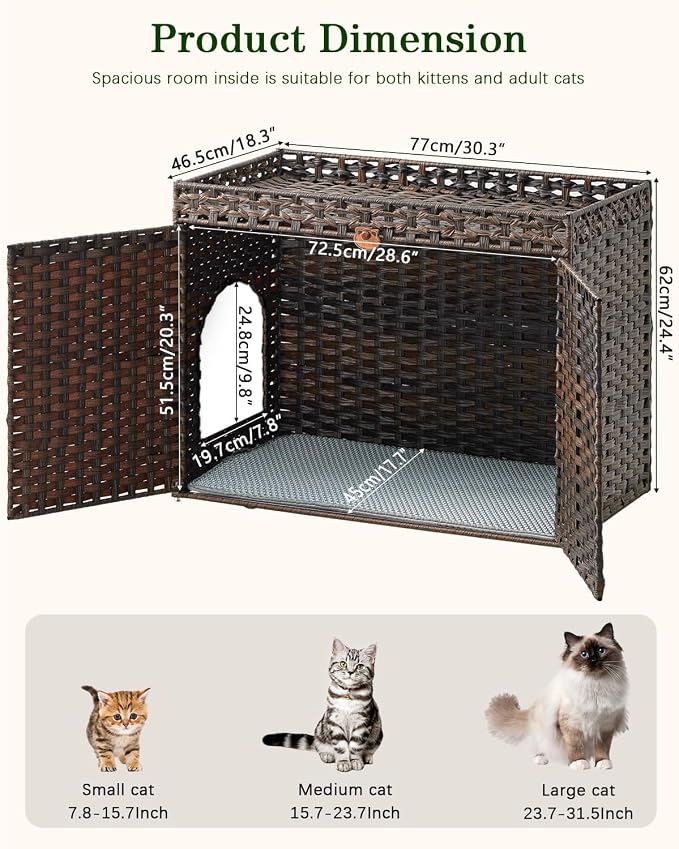 SETVSON Cat Litter Box Enclosure Furniture, Handwoven Rattan Hidden Litter Box with Mat, Large Space Cat House with 2 S-Shaped Hooks, 30.3 x 18.3 x 24.4 Inches, Indoor for Living Room Apartment Brown