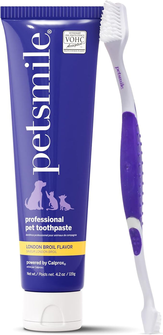 petsmile Professional Pet Teeth Brushing Kit for Cats & Dogs - VOHC Accepted Toothpaste & Patented Toothbrush - Proven to Control Plaque & Tartar Calprox Formula (London Broil, 4.2 Oz)