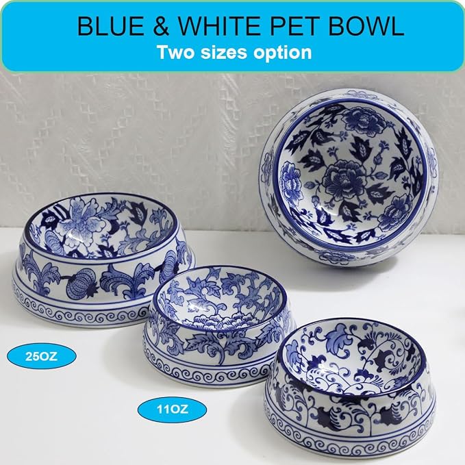 Aimusego Vintage Blue and White Chinoiserie Ceramic Cat Food Bowls Cat Bowls/Dishes for Food and Water,Dog Feeding Bowls, Dishwasher Safe 25OZ