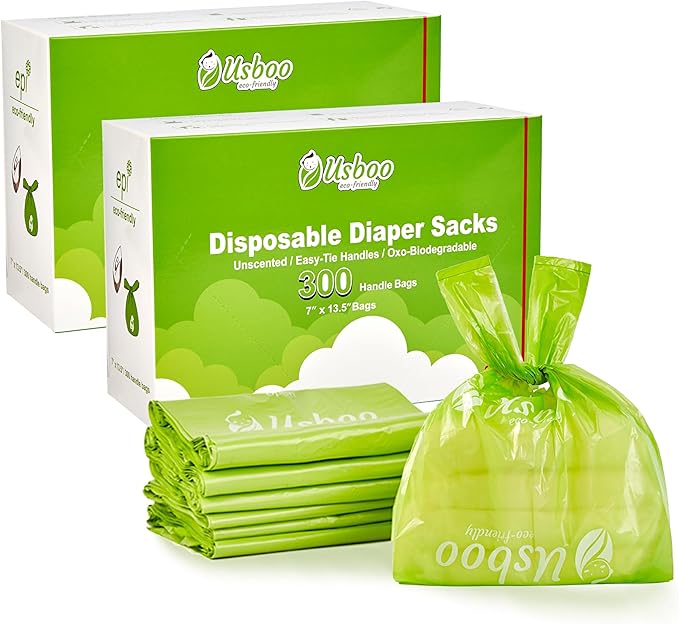 Baby Disposable Diaper Bags,2 Pack (600 Count) Oxo-Biodegradable Diaper Sacks,Easy-Tie Handles,Diaper Disposal or Pet Waste Bags