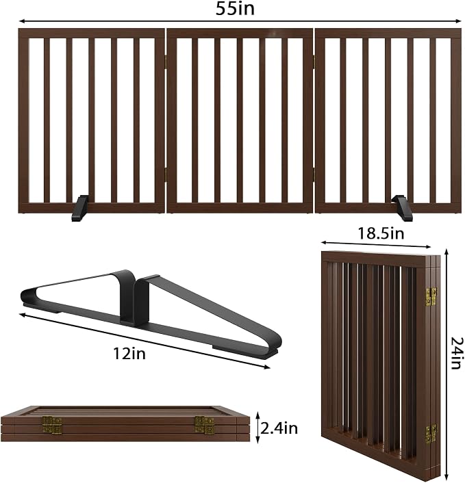 Wooden Dog Gate Freestanding Foldable 3 Panel Pet Gates Extra Wide Dog Gates for Indoor Doorways Stairs 24in Height Support Feet Included