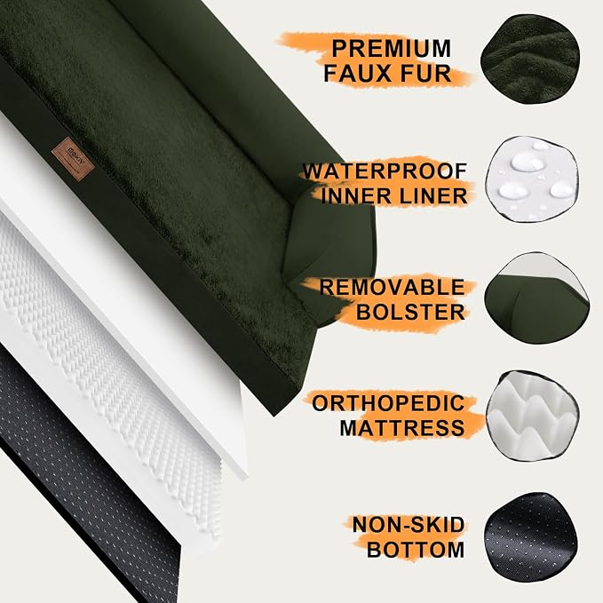 Large Dog Bed Orthopedic Washable - Removable Waterproof Cover Bed Pet - Large Big Dogs - Memory Foam - Couch Sofa with Removable Bolster - Outpost Olive Dog Bed