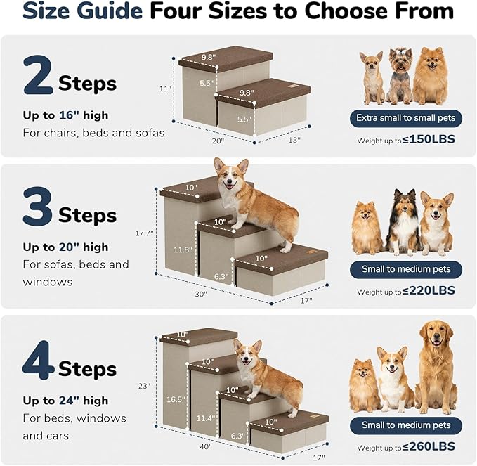 4-Step Wide Dog Stairs with Hidden Storage 23" H, Non-Slip Dog Steps for High Bed Couch Car, Jiont-Friendly Pet Stairs Ramp for Small/Medium/Large Old Dogs Cats Up to 220lbs, Beige&Coffee Lid