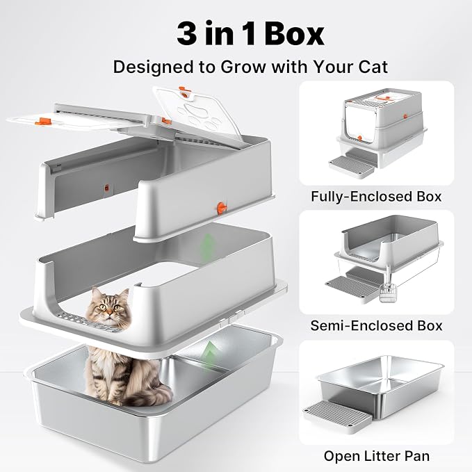Stainless Steel Litter Box with Flip Lid, XL Extra Large Cat Litter Box with High Sided Top Entry Design, Anti-Leakage Enclosed Metal Litterbox for Big Cats, with Handle, Mat, Pedal & Scoop Light Grey
