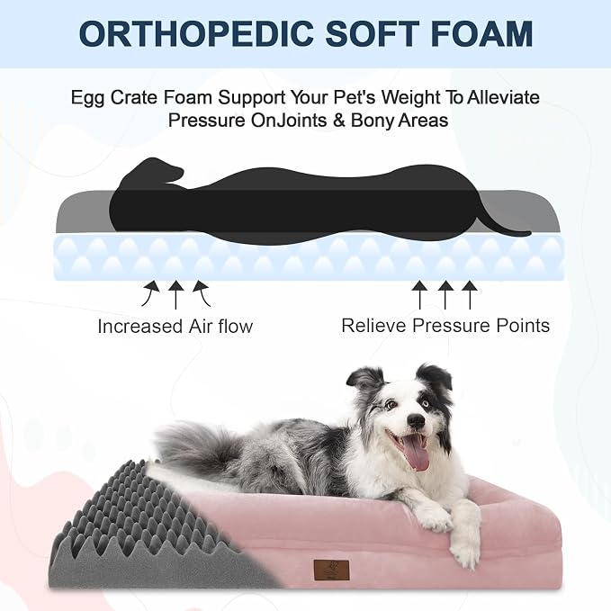 Yiruk XL Orthopedic Dog Bed for Large Dogs, Big Waterproof Dog Bed with Removable Washable Cover, 4-Sides Bolster Support Pet Couch Sofa with Non-Slip Bottom, Pink