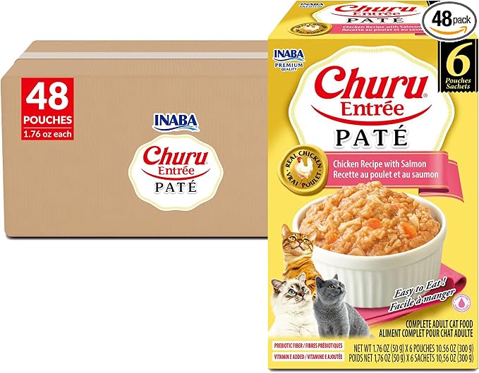 INABA Churu Entrée Pate for Cats, High Protein & Moisture, Prebiotic Wet Cat Food, 1.76oz. per Serving, 48 Pouches, Chicken with Salmon Recipe