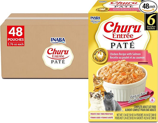 INABA Churu Entrée Pate for Cats, High Protein & Moisture, Prebiotic Wet Cat Food, 1.76oz. per Serving, 48 Pouches, Chicken with Salmon Recipe