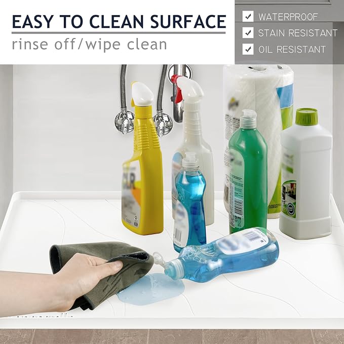 Heavy Duty Silicone Under Sink Mats for Kitchen Waterproof 31" x 22", Extra Thick Under Sink Rubber Mat Drip Tray, Raised Edge Under Sink Liner,Prevent Drips, Leaks, Spills,White